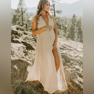 Elegant Cream Maternity Maxi Dress with Deep V